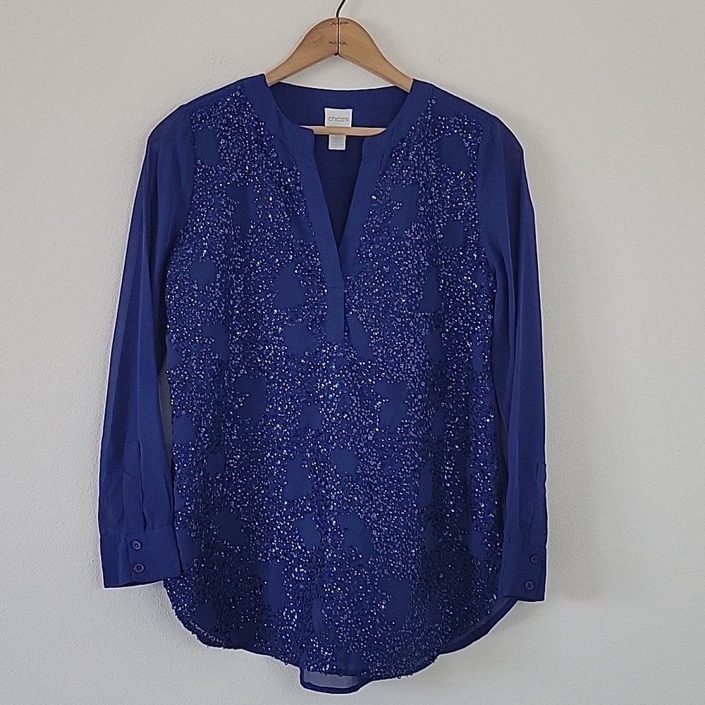 Chico's Fayth Blue Sequin‎ Front Sheer Blouse Size Small